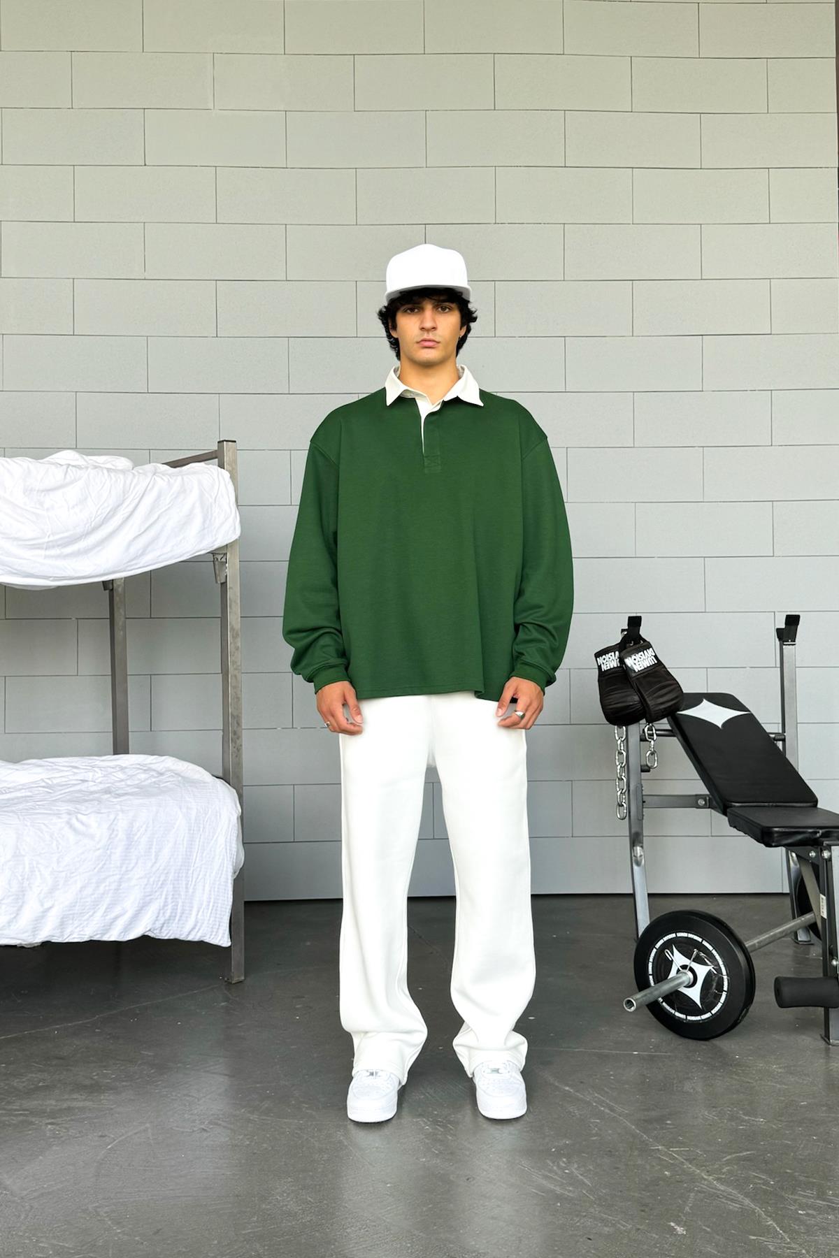 Basic Green Polo Neck Long Sleeve T-Shirt