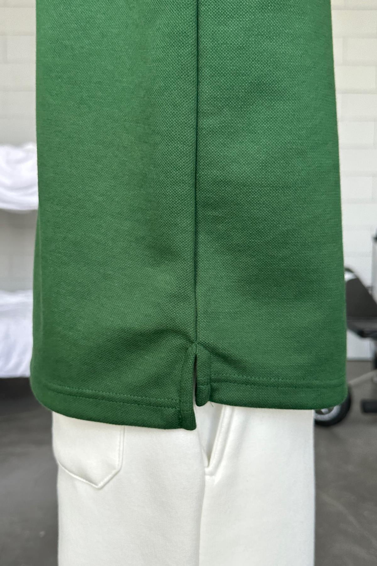 Basic Green Polo Neck Long Sleeve T-Shirt