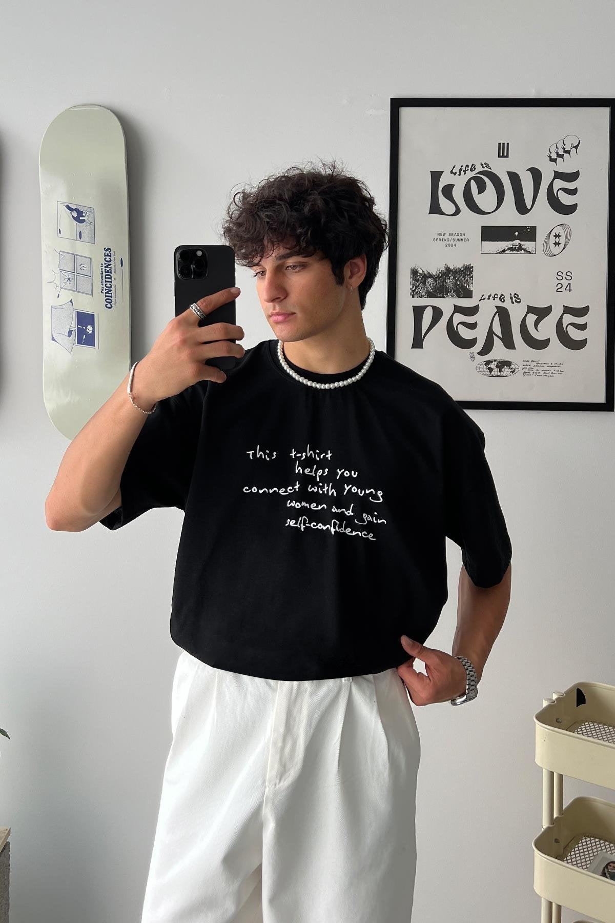 Belief In Oneself Printed Black Oversize T-Shirt