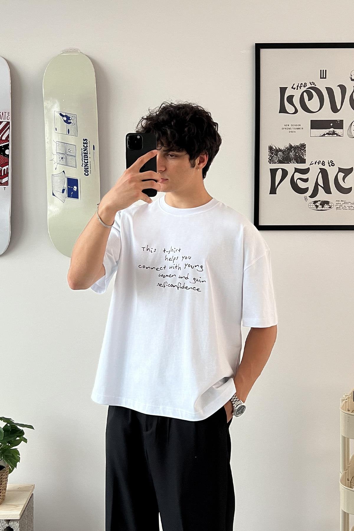 Belief In Oneself Printed Black Oversize T-Shirt