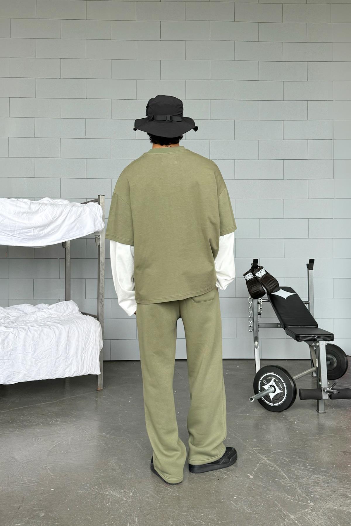 Double-Sleeved Haki-Ekru Basic Oversize Long Sleeve T-Shirt