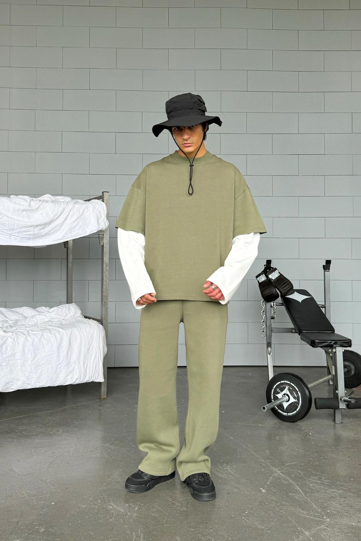 Double-Sleeved Haki-Ekru Basic Oversize Long Sleeve T-Shirt