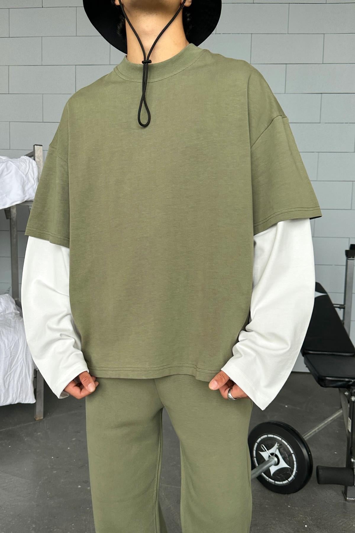 Double-Sleeved Haki-Ekru Basic Oversize Long Sleeve T-Shirt