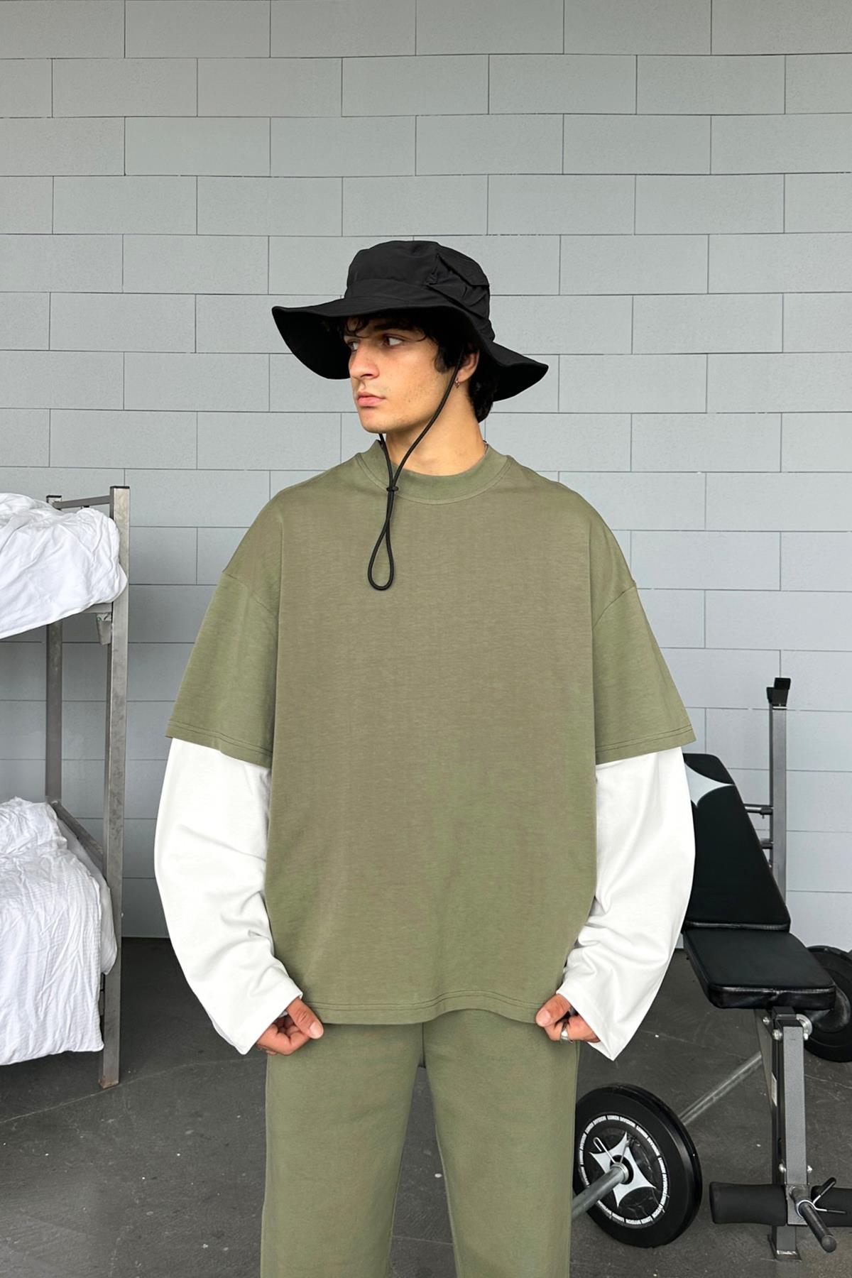 Double-Sleeved Haki-Ekru Basic Oversize Long Sleeve T-Shirt