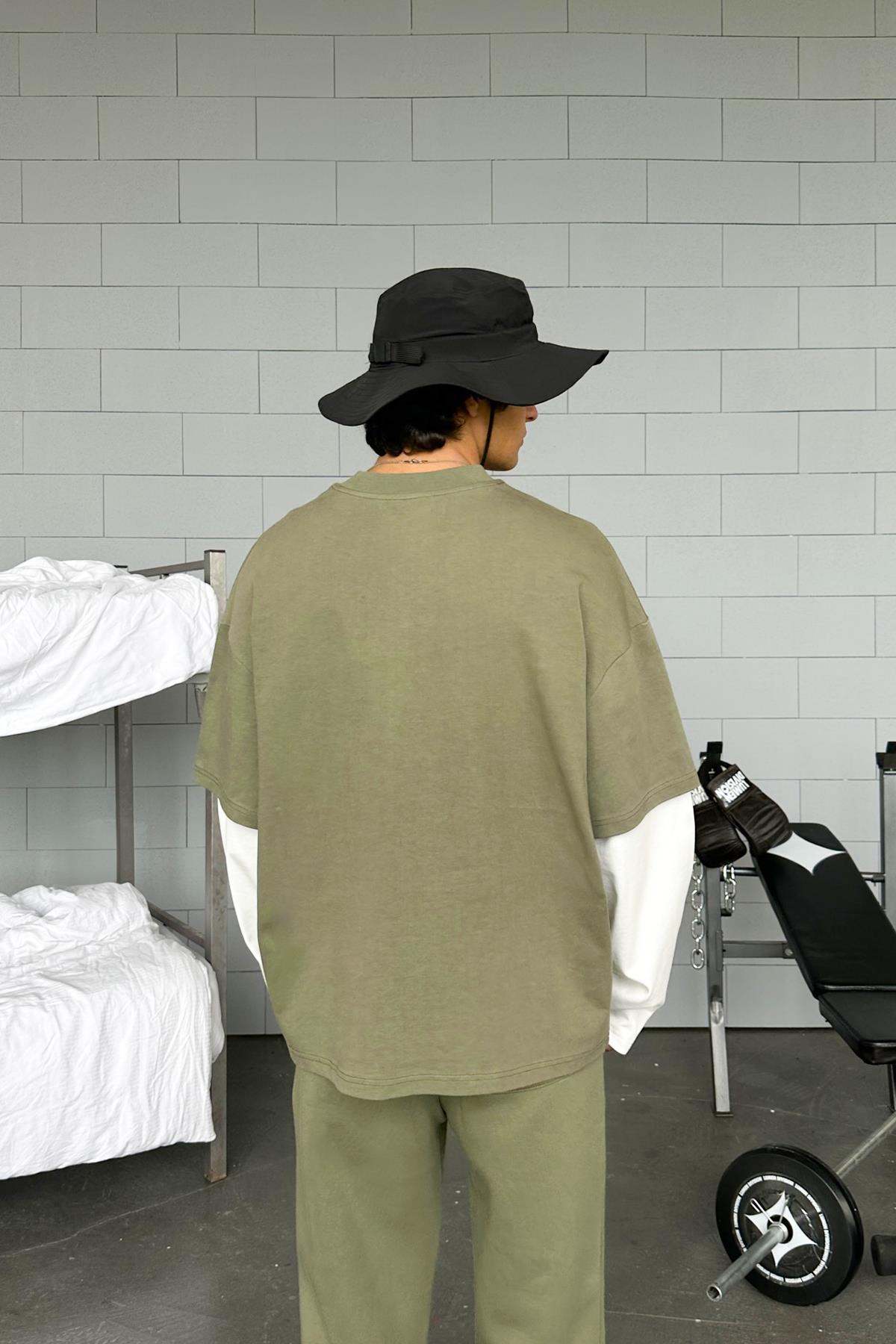 Double-Sleeved Haki-Ekru Basic Oversize Long Sleeve T-Shirt
