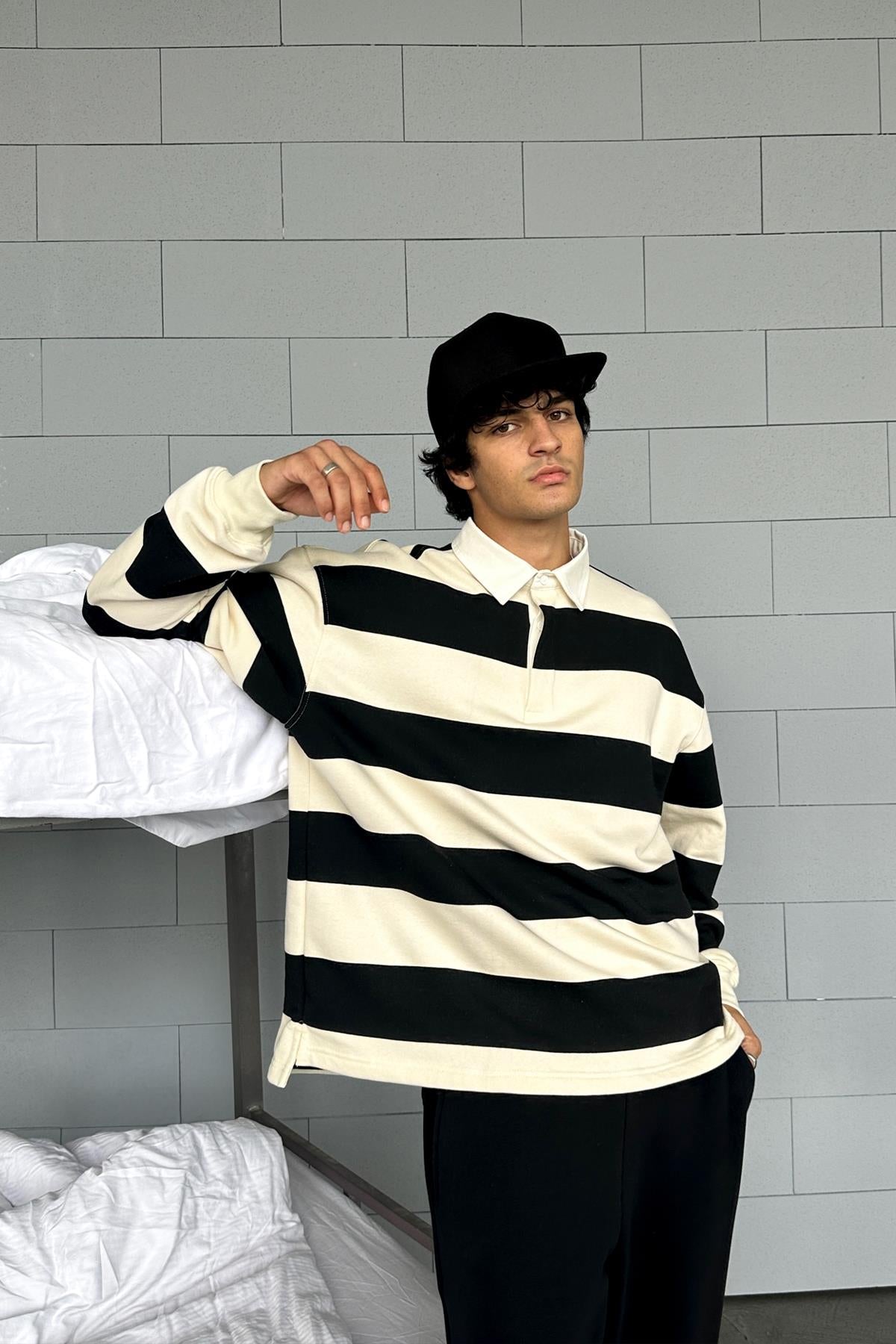 Striped Polo Collar Long Sleeve T-Shirt