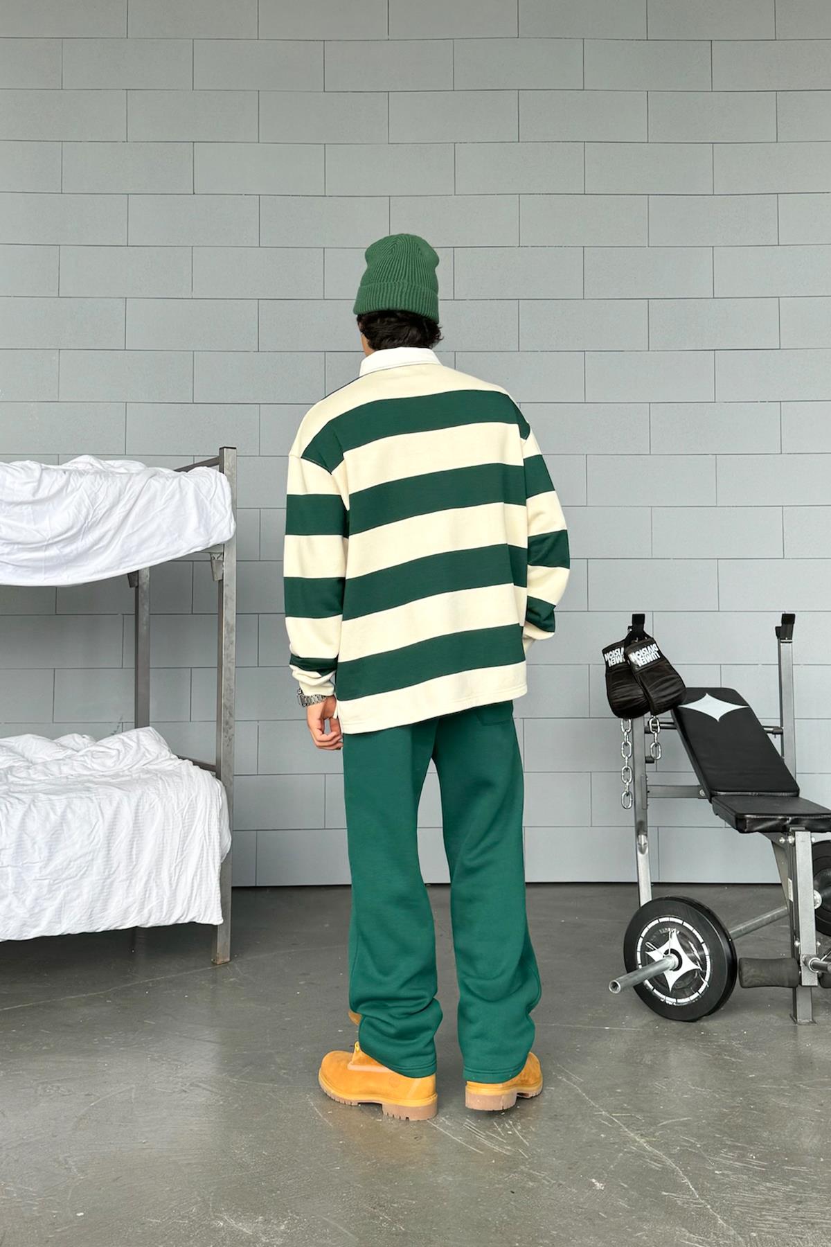 Striped Polo Collar Green Long Sleeve T-Shirt