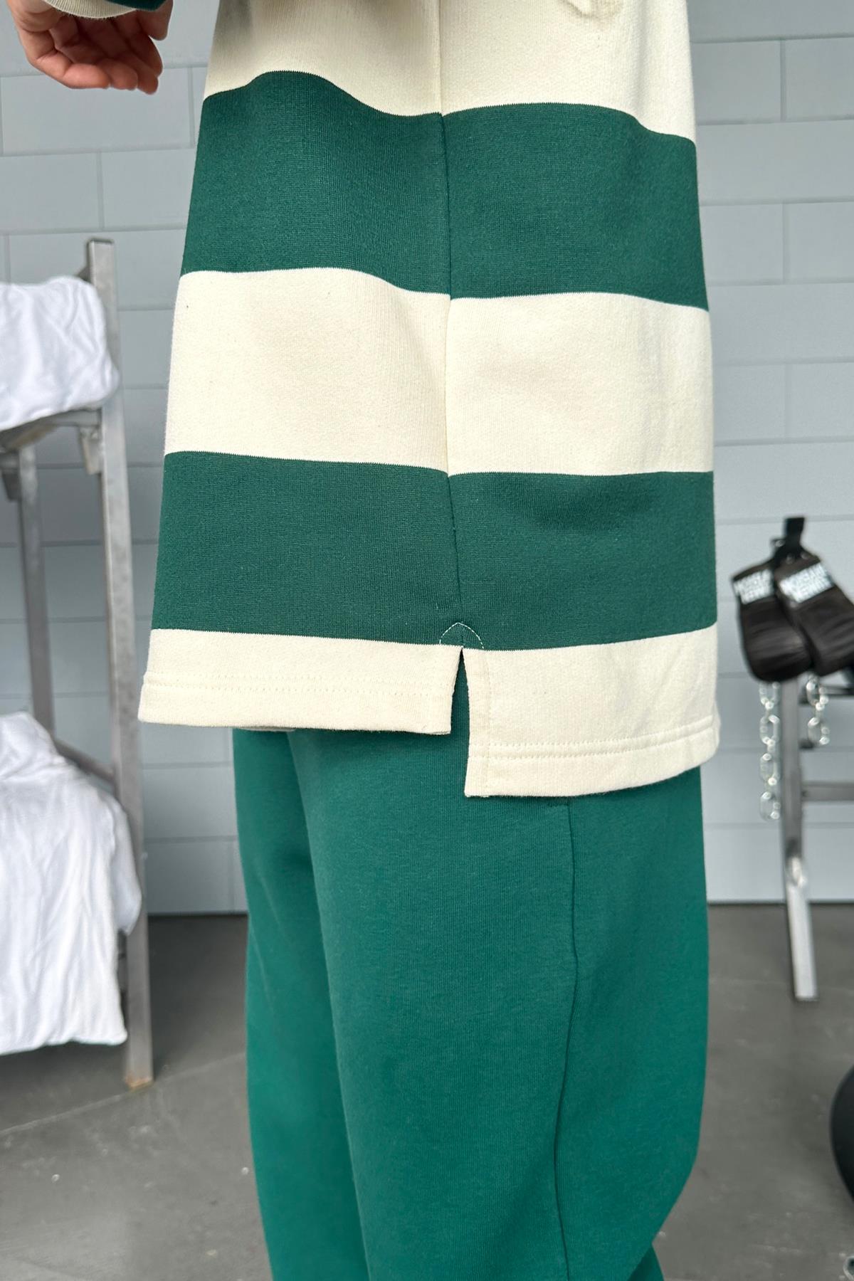 Striped Polo Collar Green Long Sleeve T-Shirt