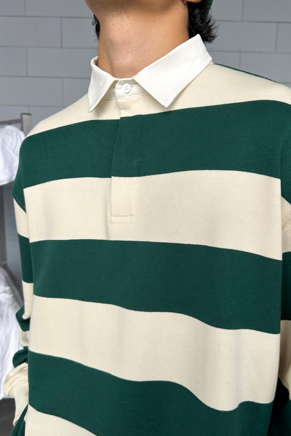Striped Polo Collar Green Long Sleeve T-Shirt