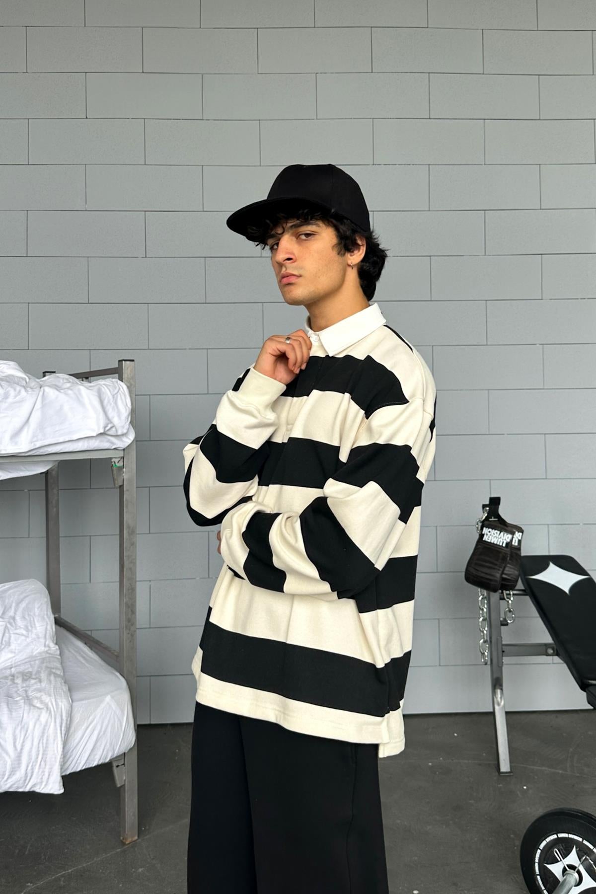Striped Polo Collar Long Sleeve T-Shirt