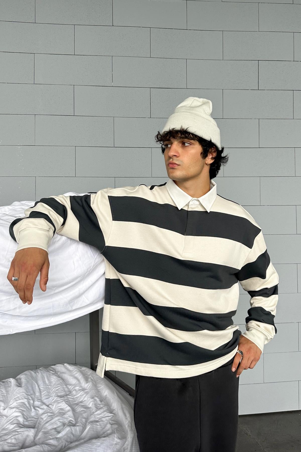 Striped Polo Collar Long Sleeve T-Shirt
