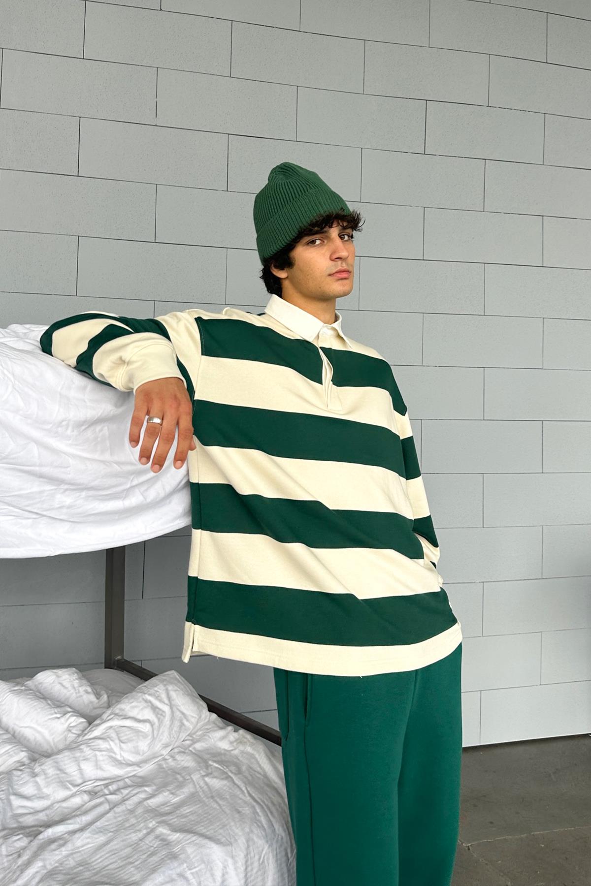 Striped Polo Collar Green Long Sleeve T-Shirt