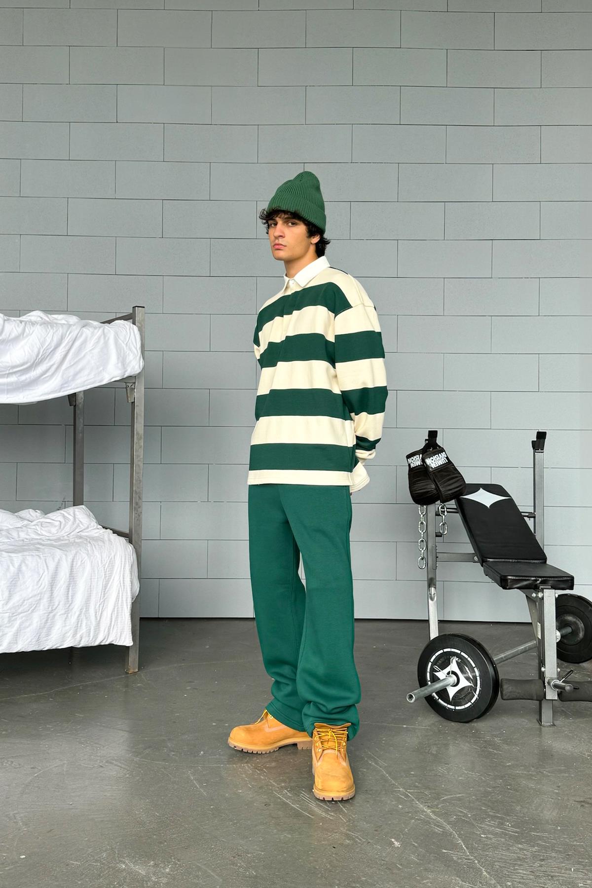 Striped Polo Collar Green Long Sleeve T-Shirt