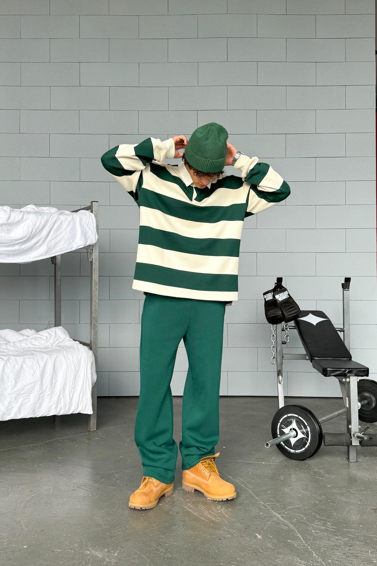 Striped Polo Collar Green Long Sleeve T-Shirt