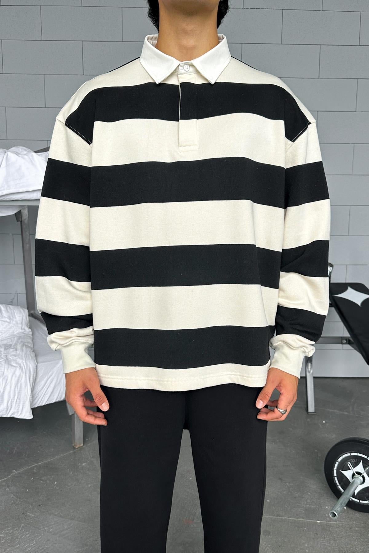 Striped Polo Collar Long Sleeve T-Shirt