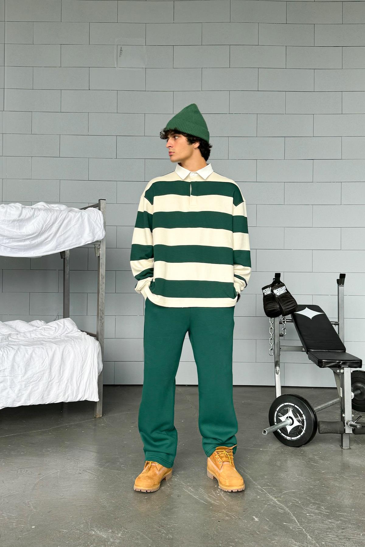 Striped Polo Collar Green Long Sleeve T-Shirt