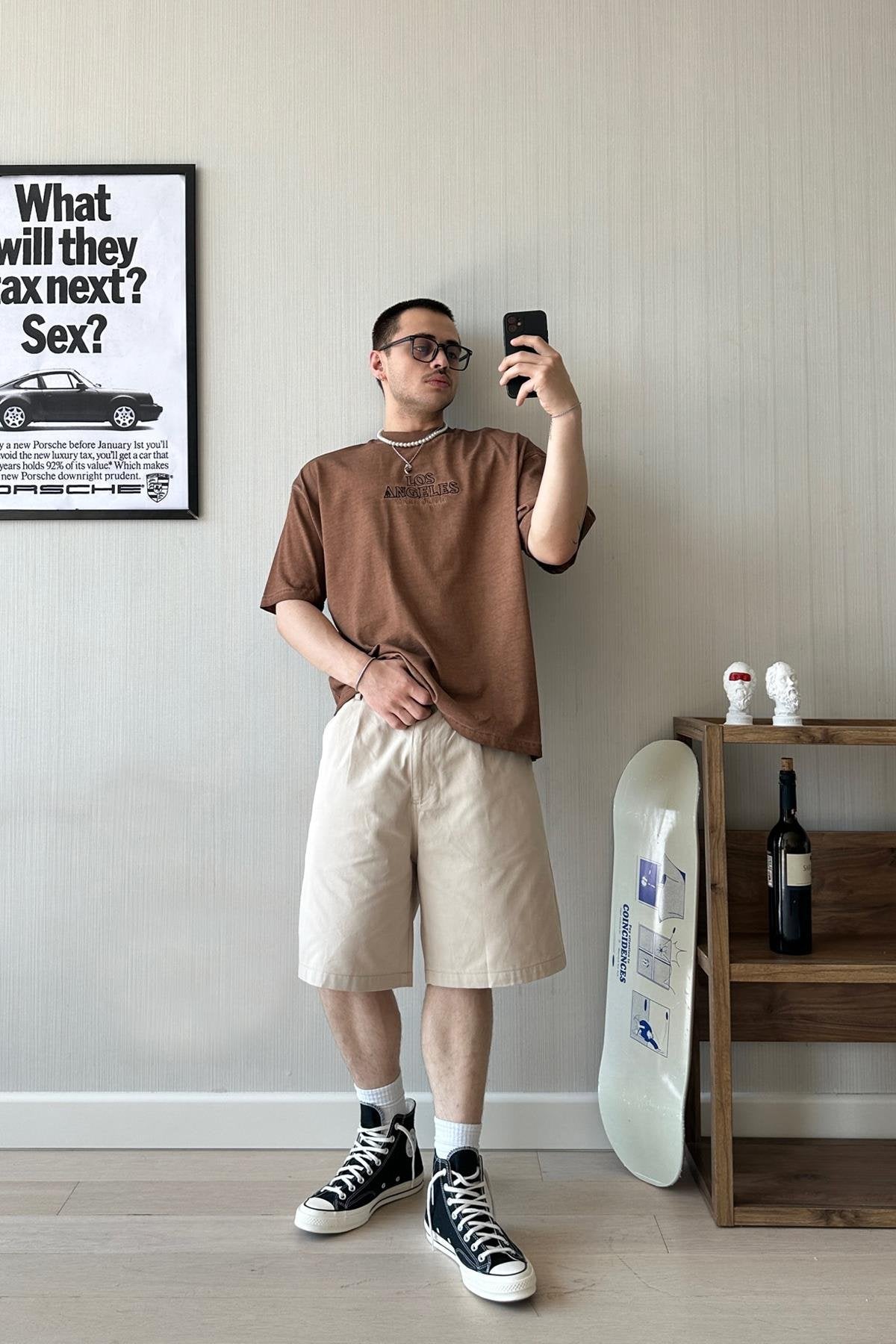 Faint Effect LA Embroidered Brown Oversize T-shirt
