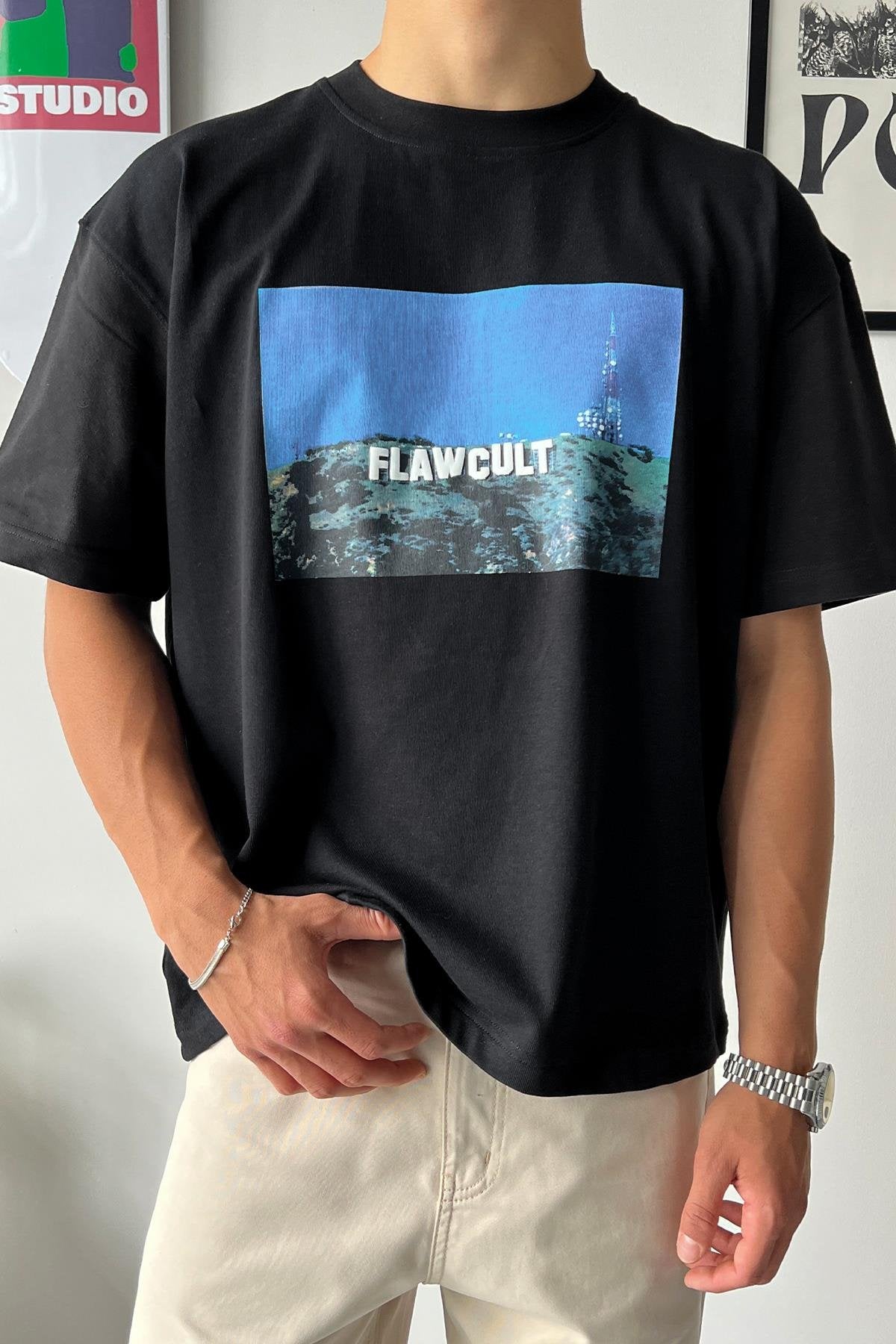 Flaw in Hollywood Printed Black Oversize T-Shirt