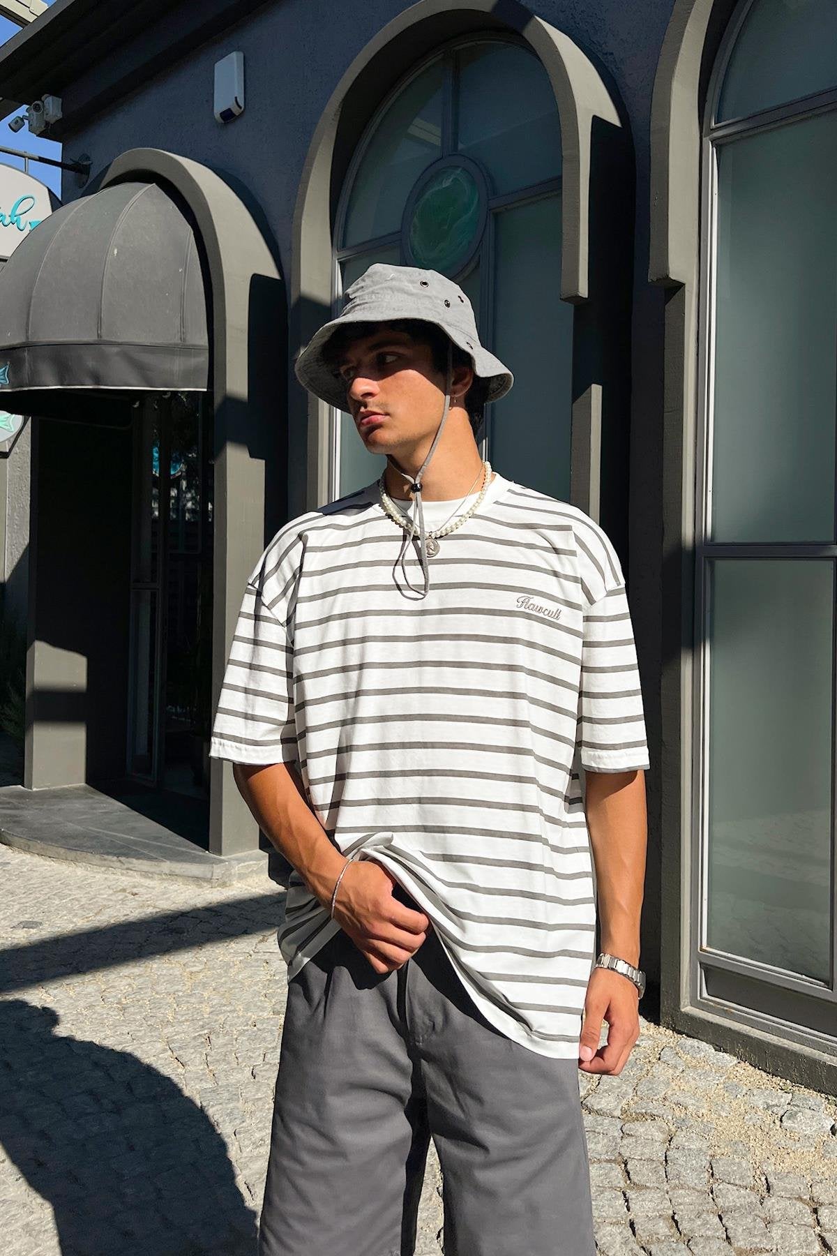 FlawCult Embroidered Striped Khaki Oversized T-Shirt