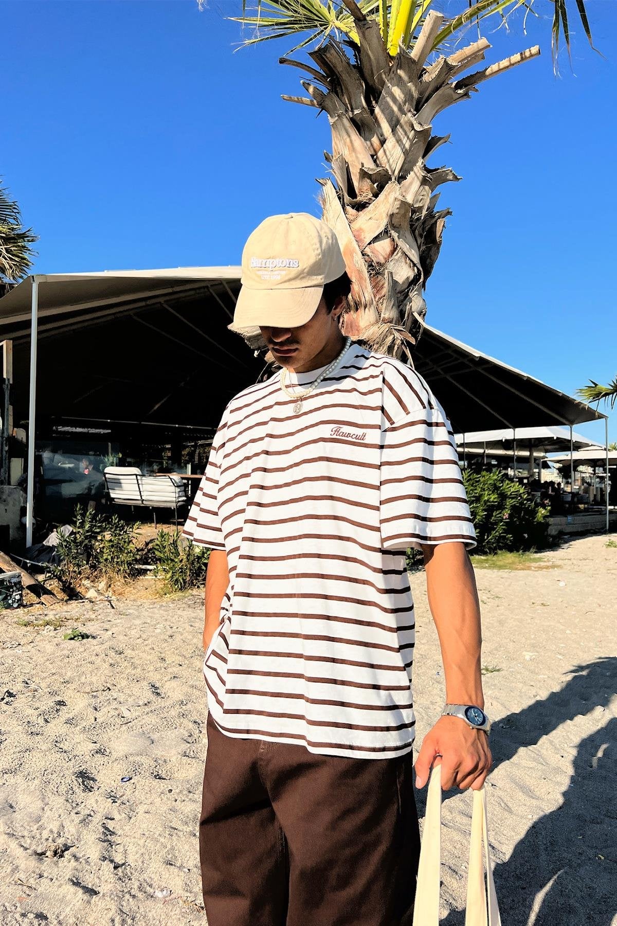 FlawCult Embroidered Striped Khaki Oversized T-Shirt