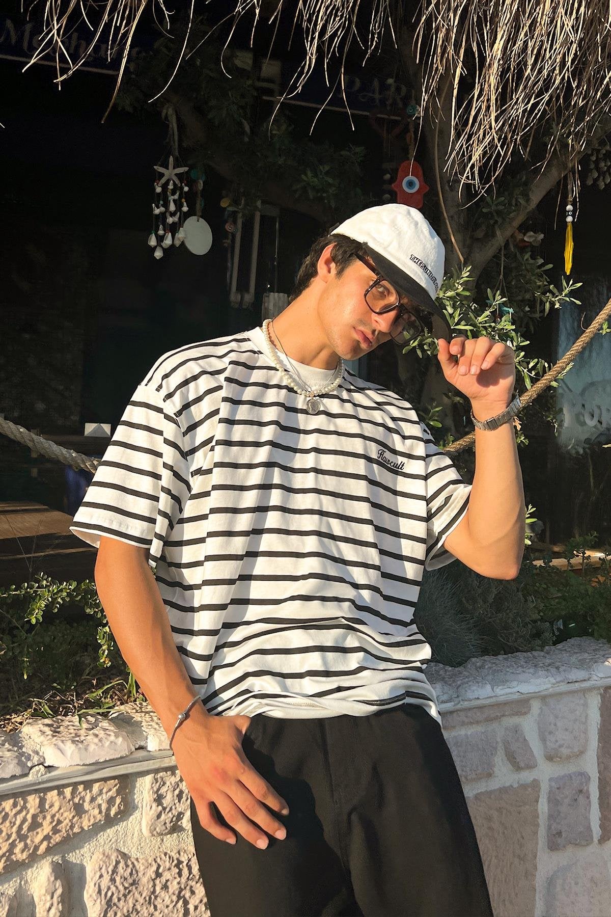 FlawCult Embroidered Striped Khaki Oversized T-Shirt
