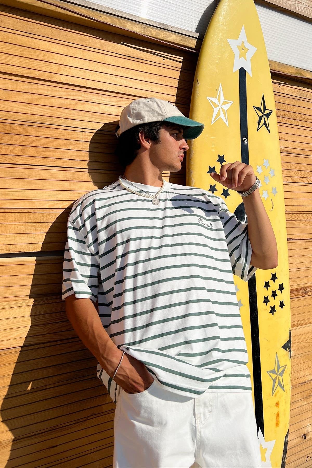 FlawCult Embroidered Striped Khaki Oversized T-Shirt