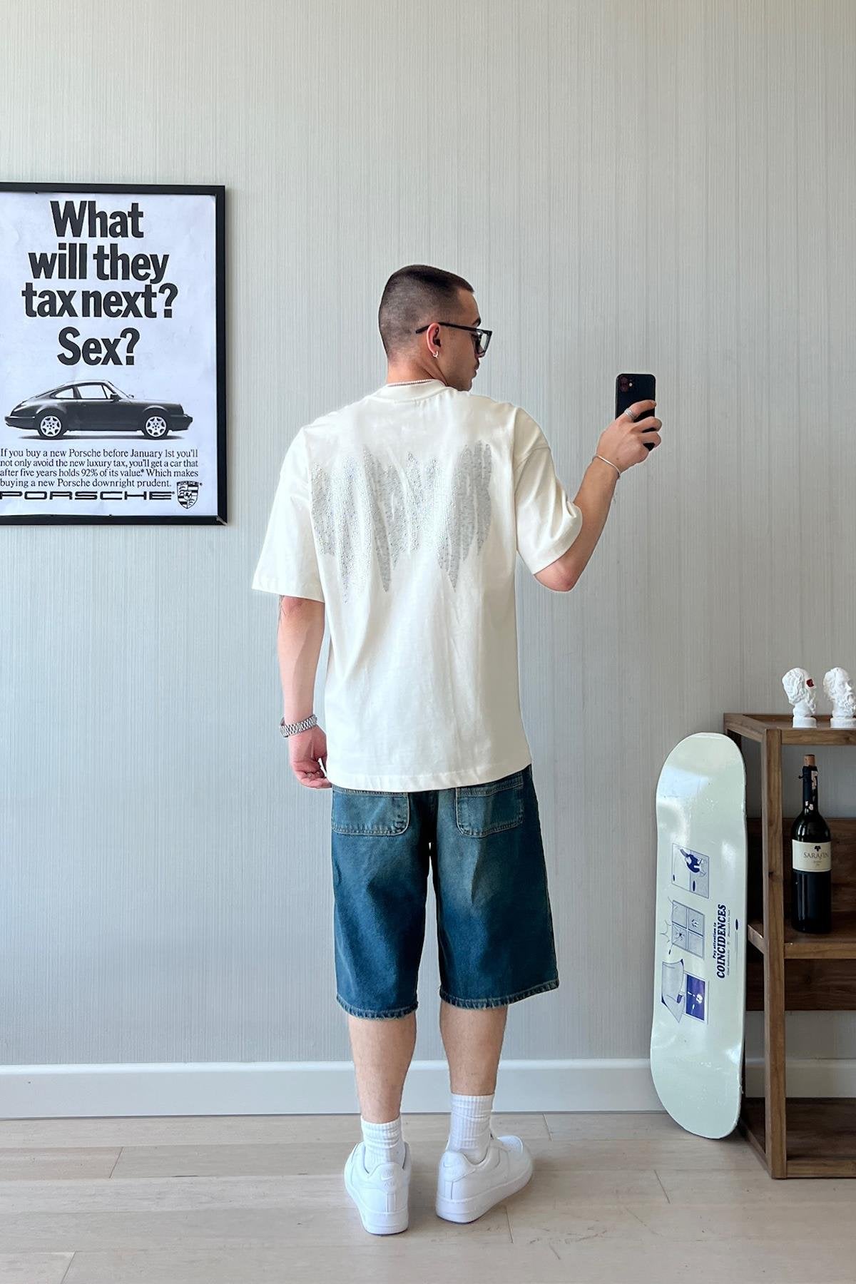 Fluid Sign Stone Embroidered Ecru Oversized T-Shirt
