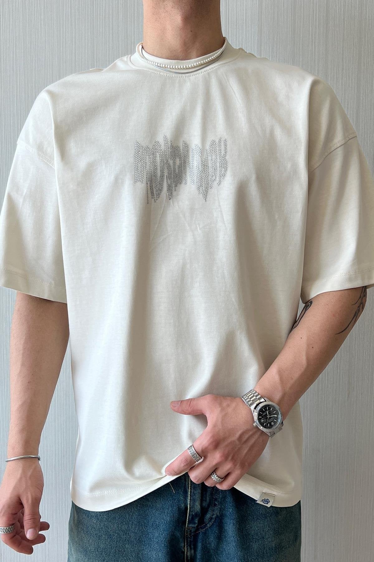 Fluid Sign Stone Embroidered Ecru Oversized T-Shirt