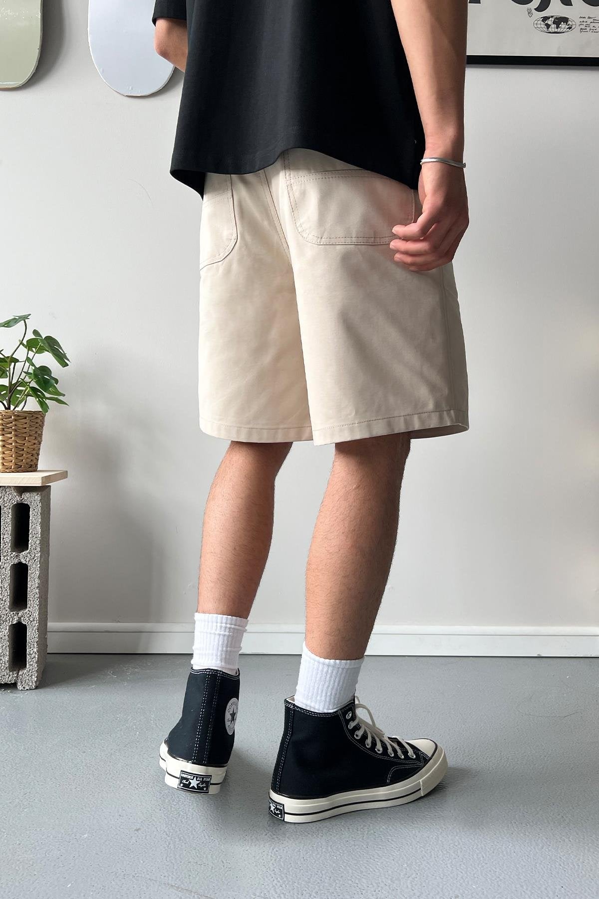 Gabardin Fabric Beige Basic Shorts
