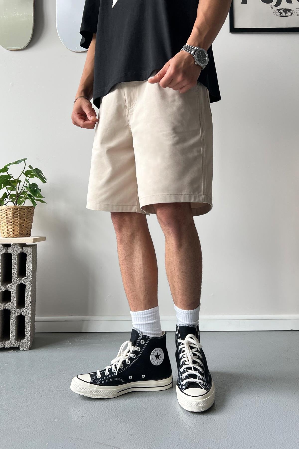 Gabardin Fabric Beige Basic Shorts