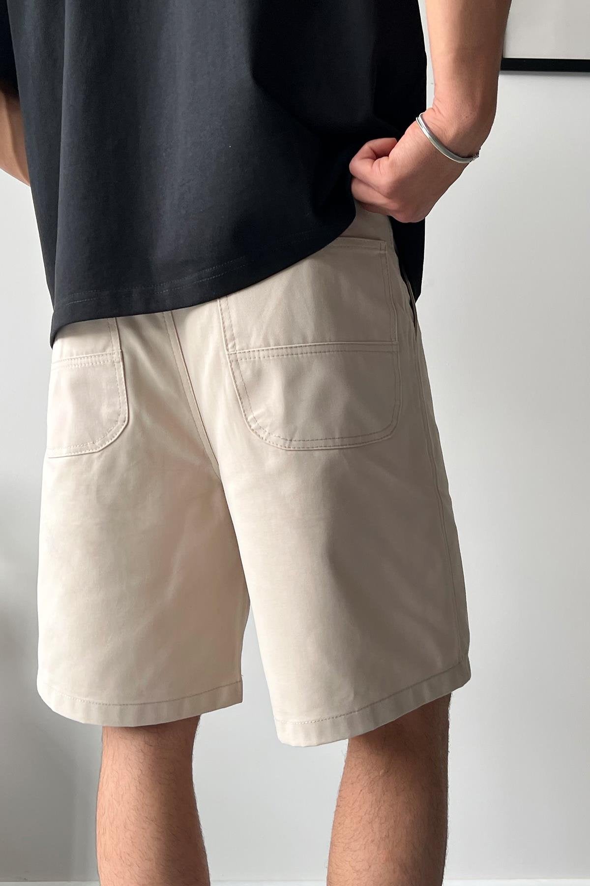 Gabardin Fabric Beige Basic Shorts