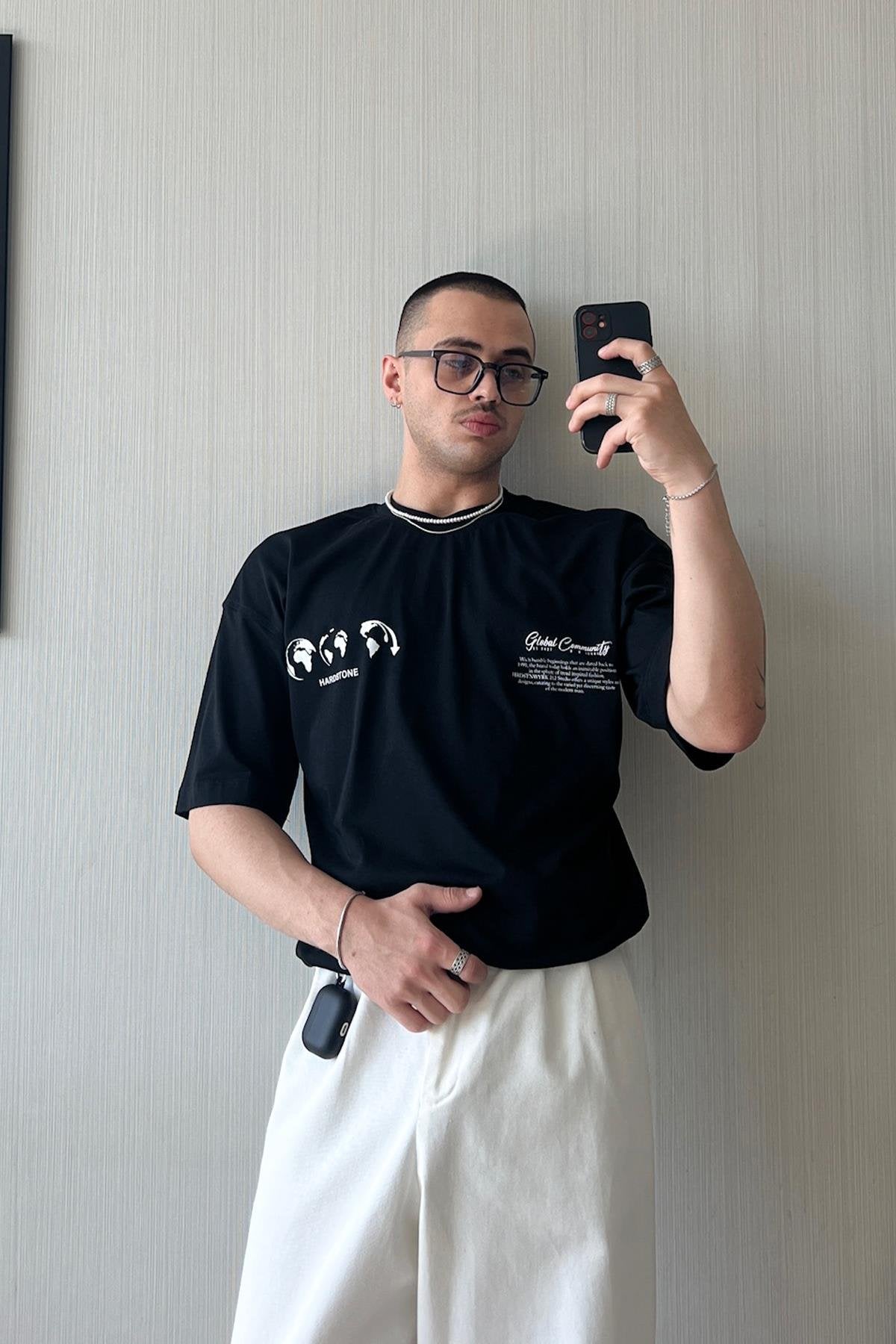 Global Community Printed Black Oversize T-Shirt