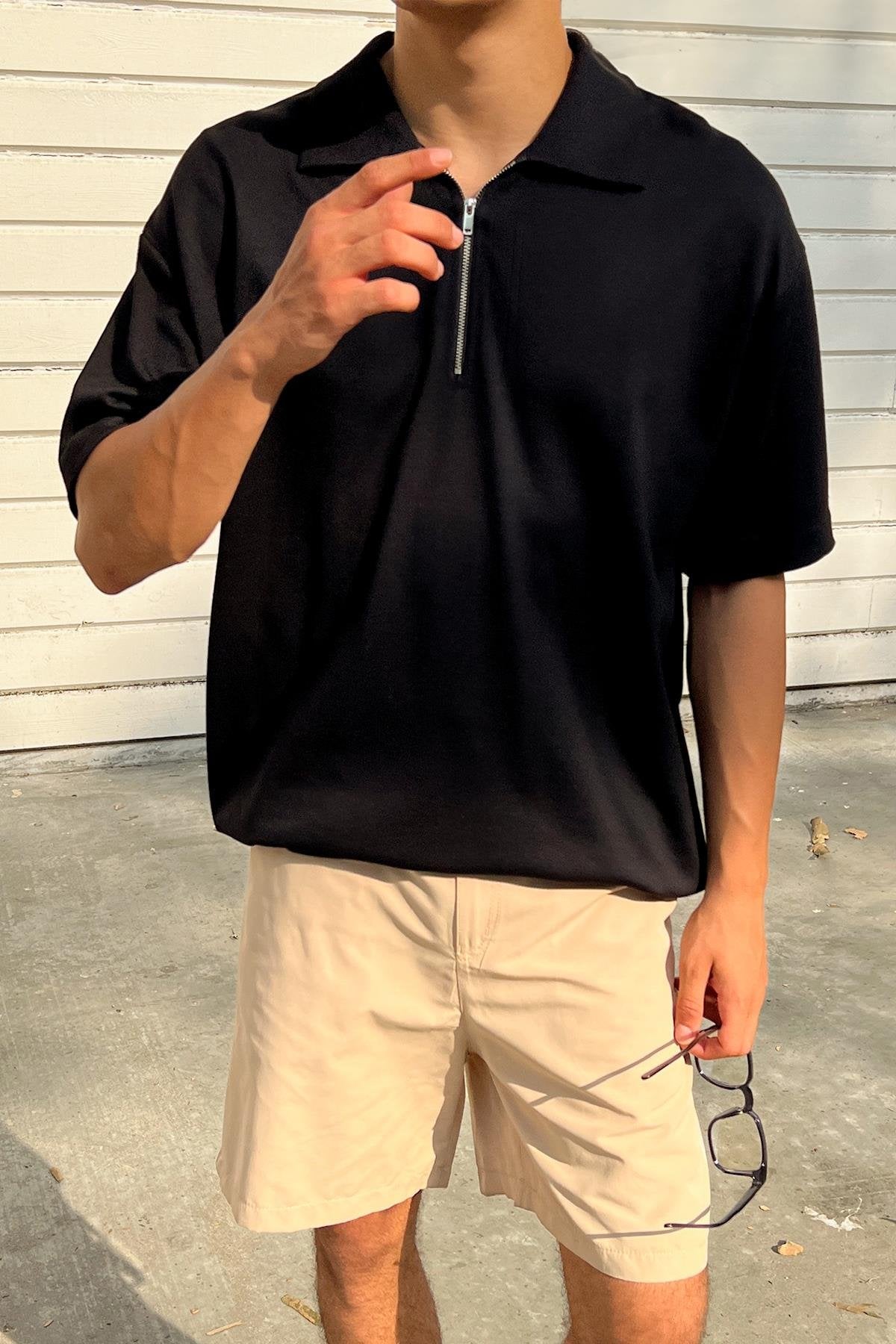 Old Money Black Zip-Up Polo Shirt