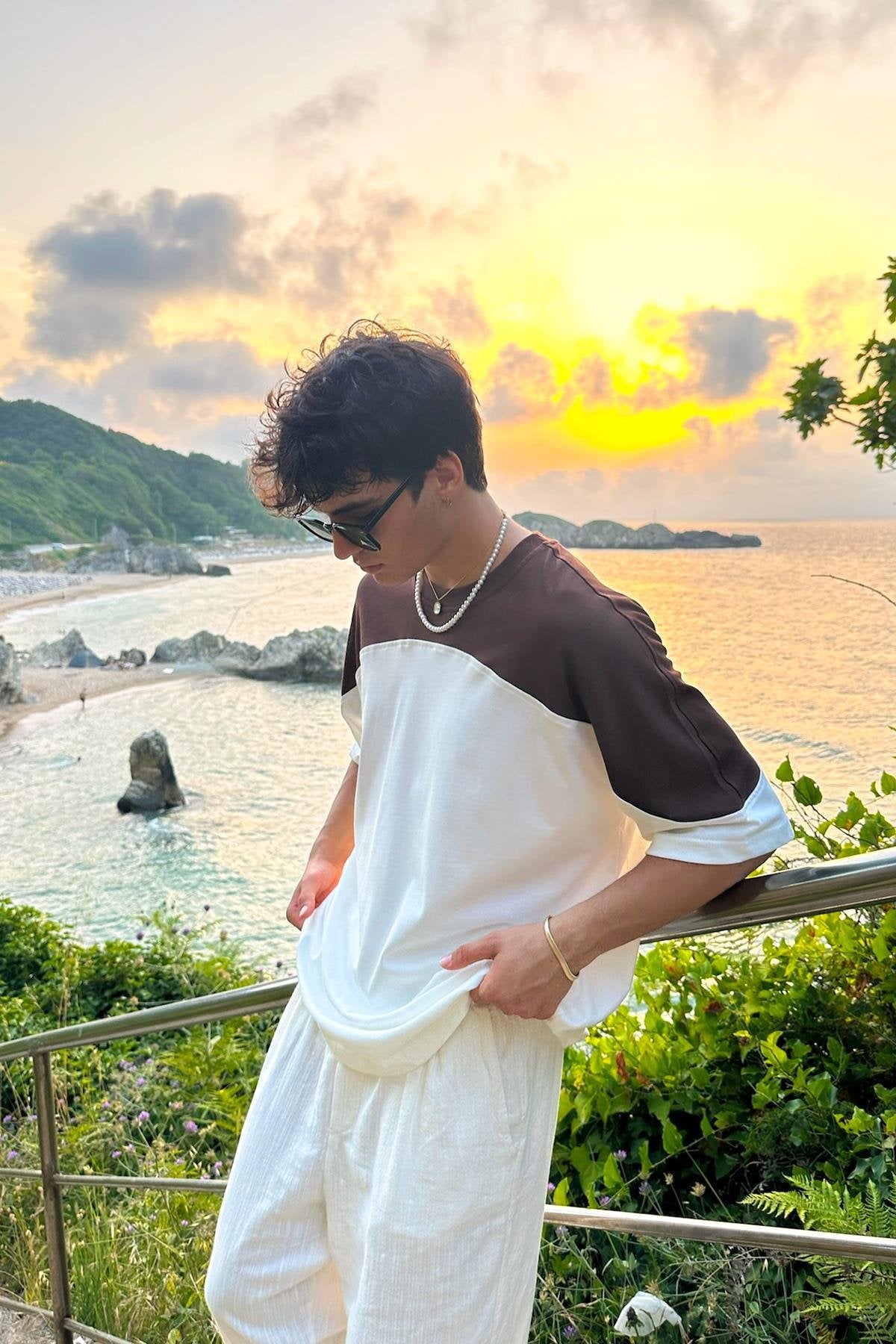 Shoulder Blocked Brown Oversized T-Shirt