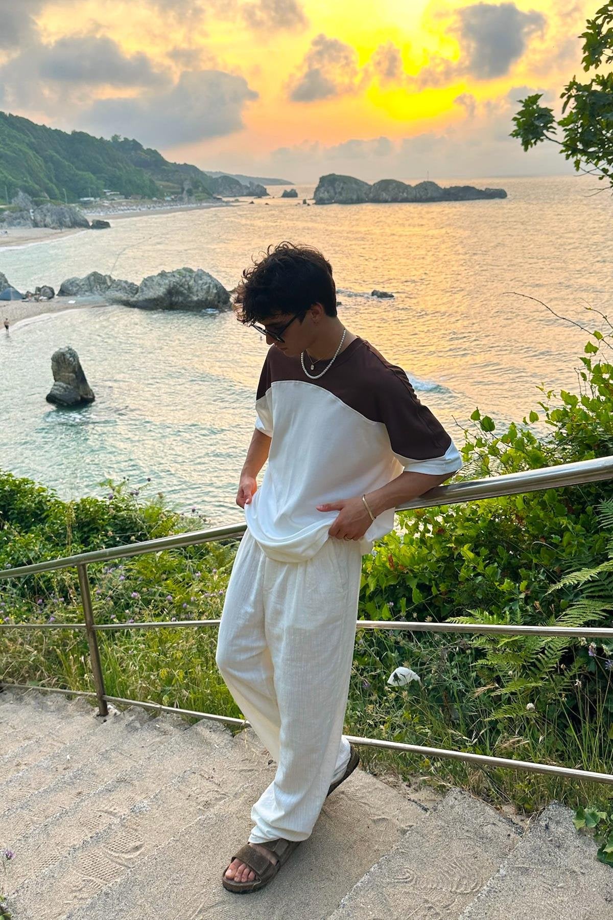 Shoulder Blocked Brown Oversized T-Shirt