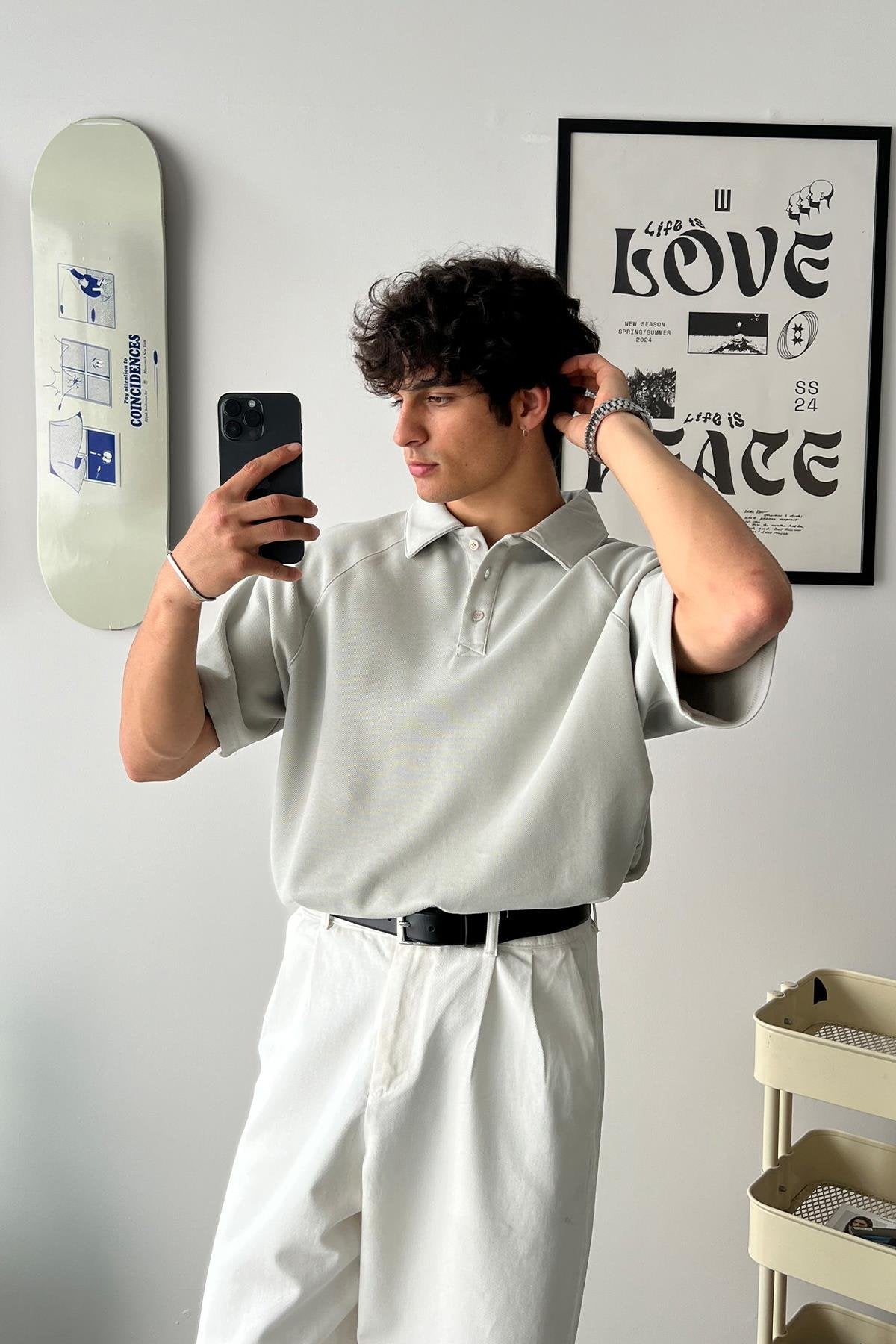 Oversize Ice Gray Polo Collar T-Shirt