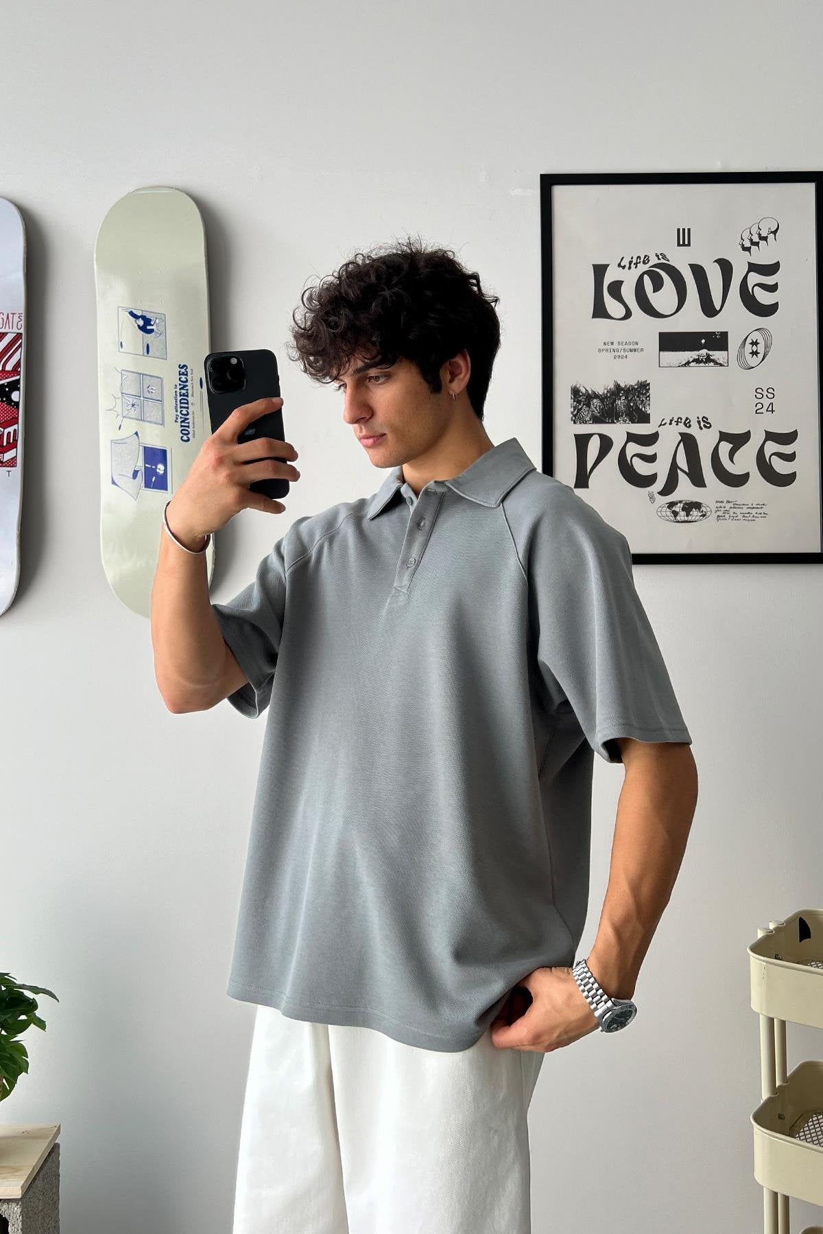 Oversize Ice Gray Polo Collar T-Shirt