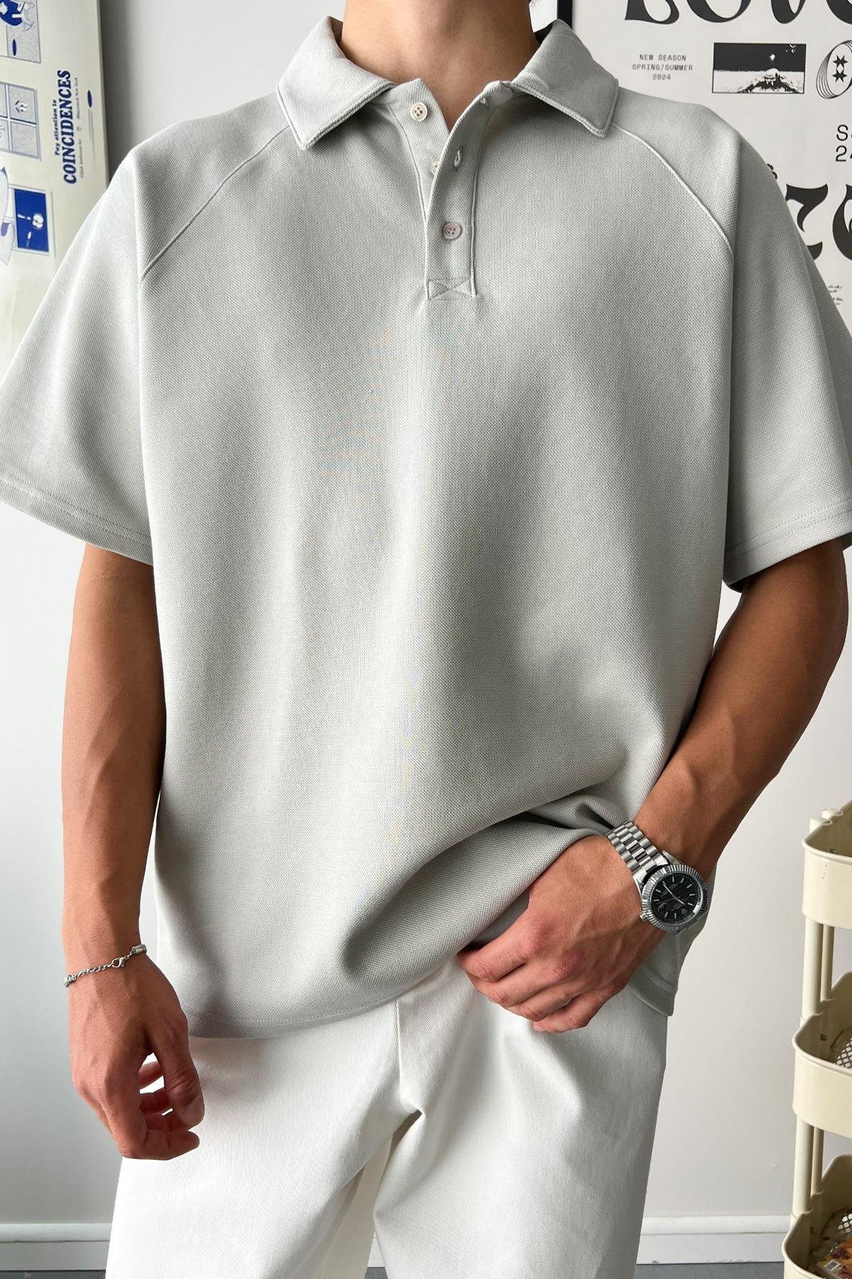 Oversize Ice Gray Polo Collar T-Shirt