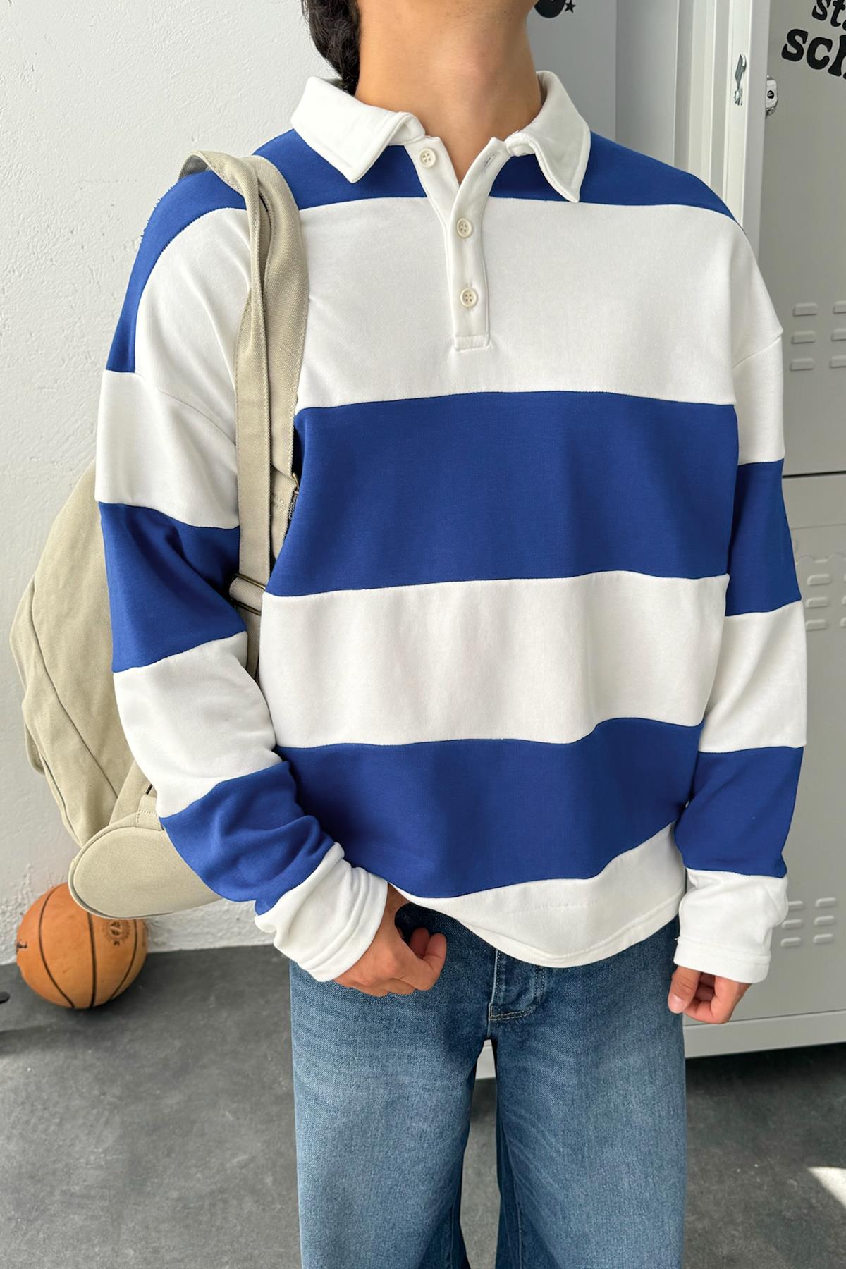 Polo Collar Striped Long Sleeve T-Shirt