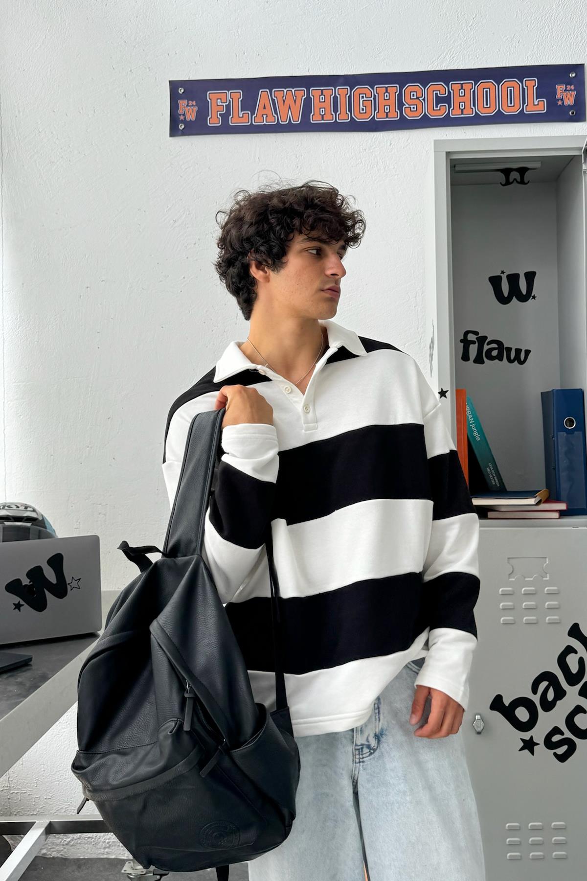 Polo Collar Striped Long Sleeve T-Shirt