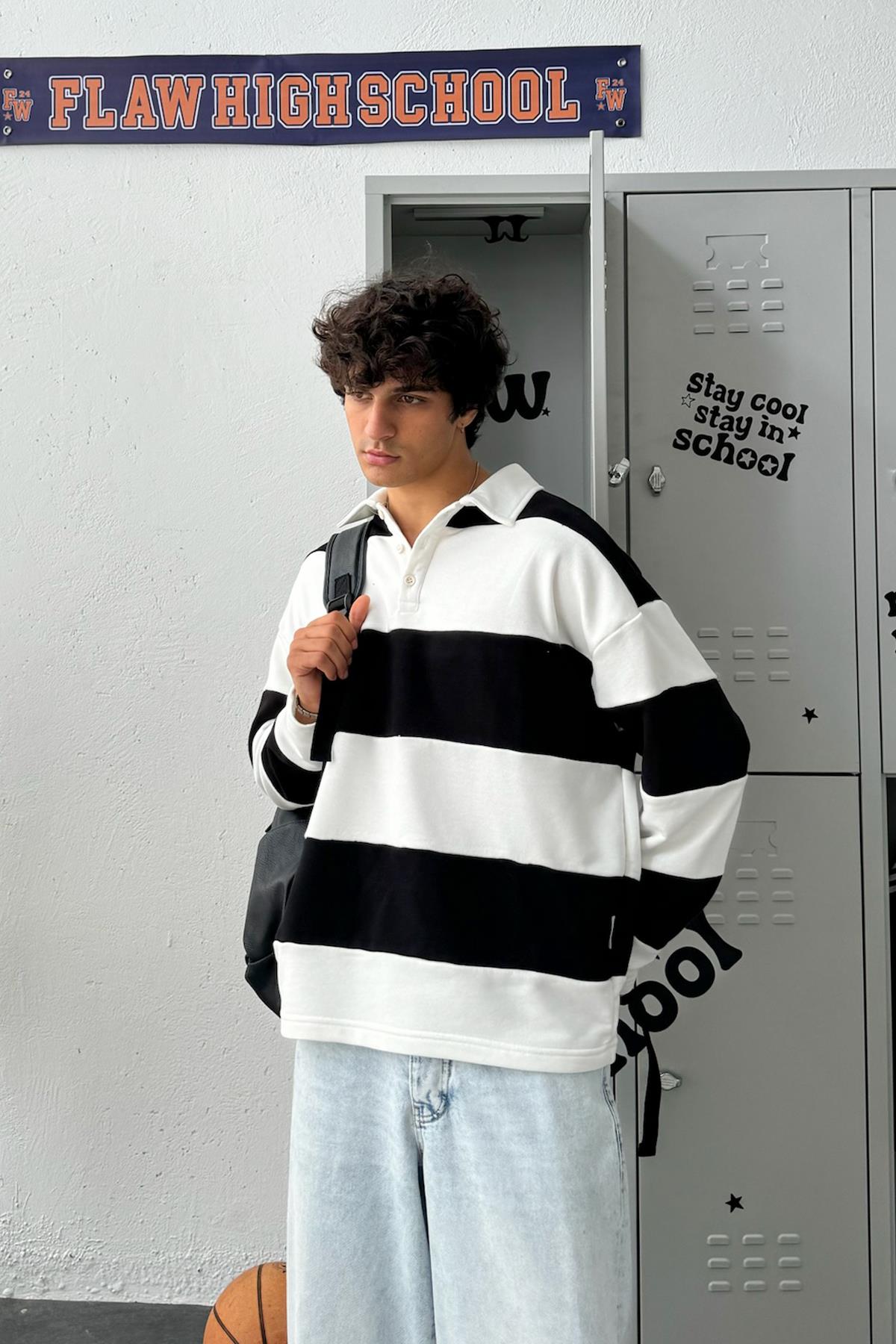 Polo Collar Striped Long Sleeve T-Shirt