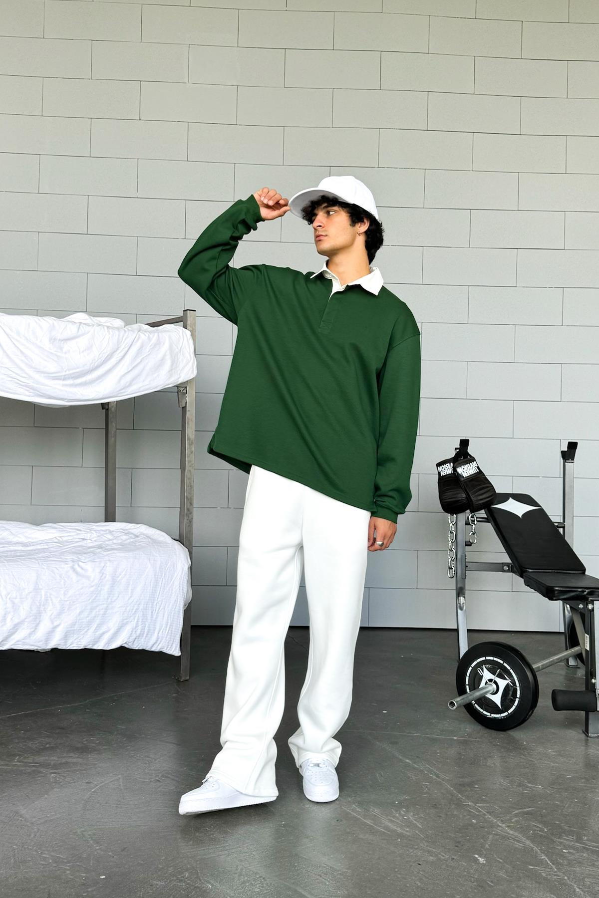 Basic Green Polo Neck Long Sleeve T-Shirt