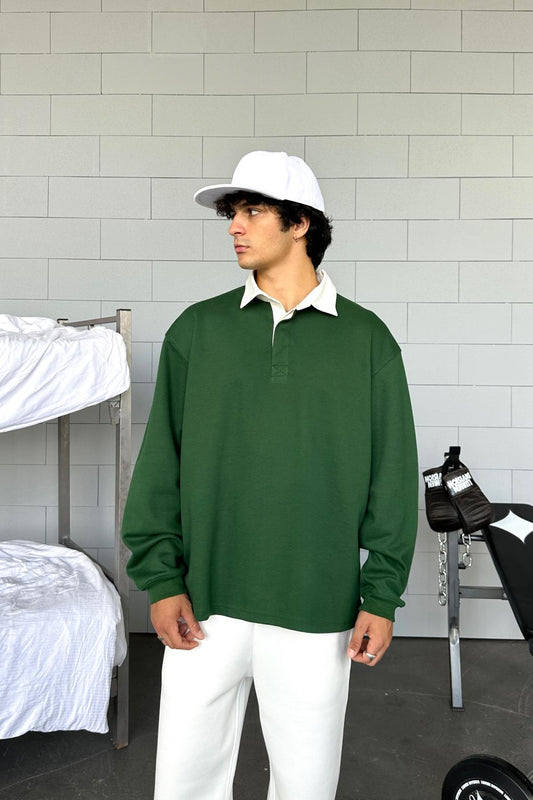 Basic Green Polo Neck Long Sleeve T-Shirt