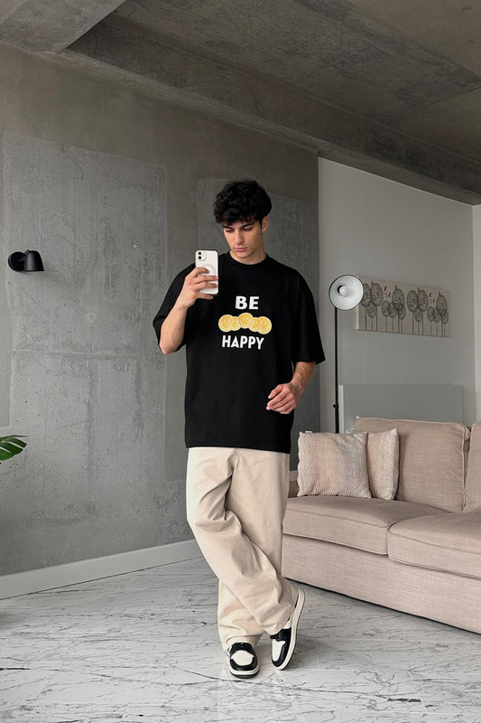 Be Happy Printed Black Oversize T-Shirt