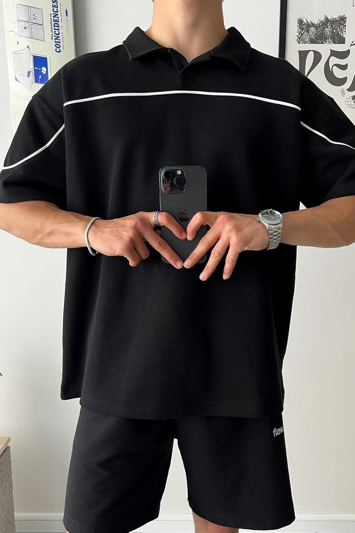 Biye Geçiş Polo Yaka Black Oversize T-Shirt