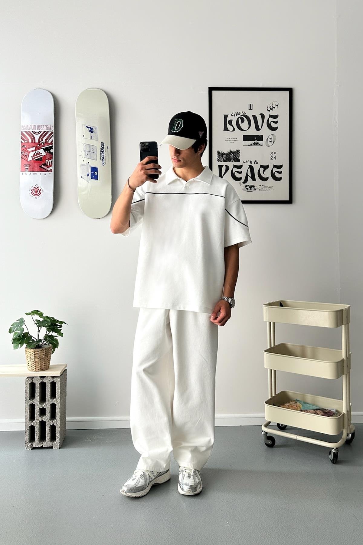 Biye Geçiş Polo Yaka White Oversize T-Shirt