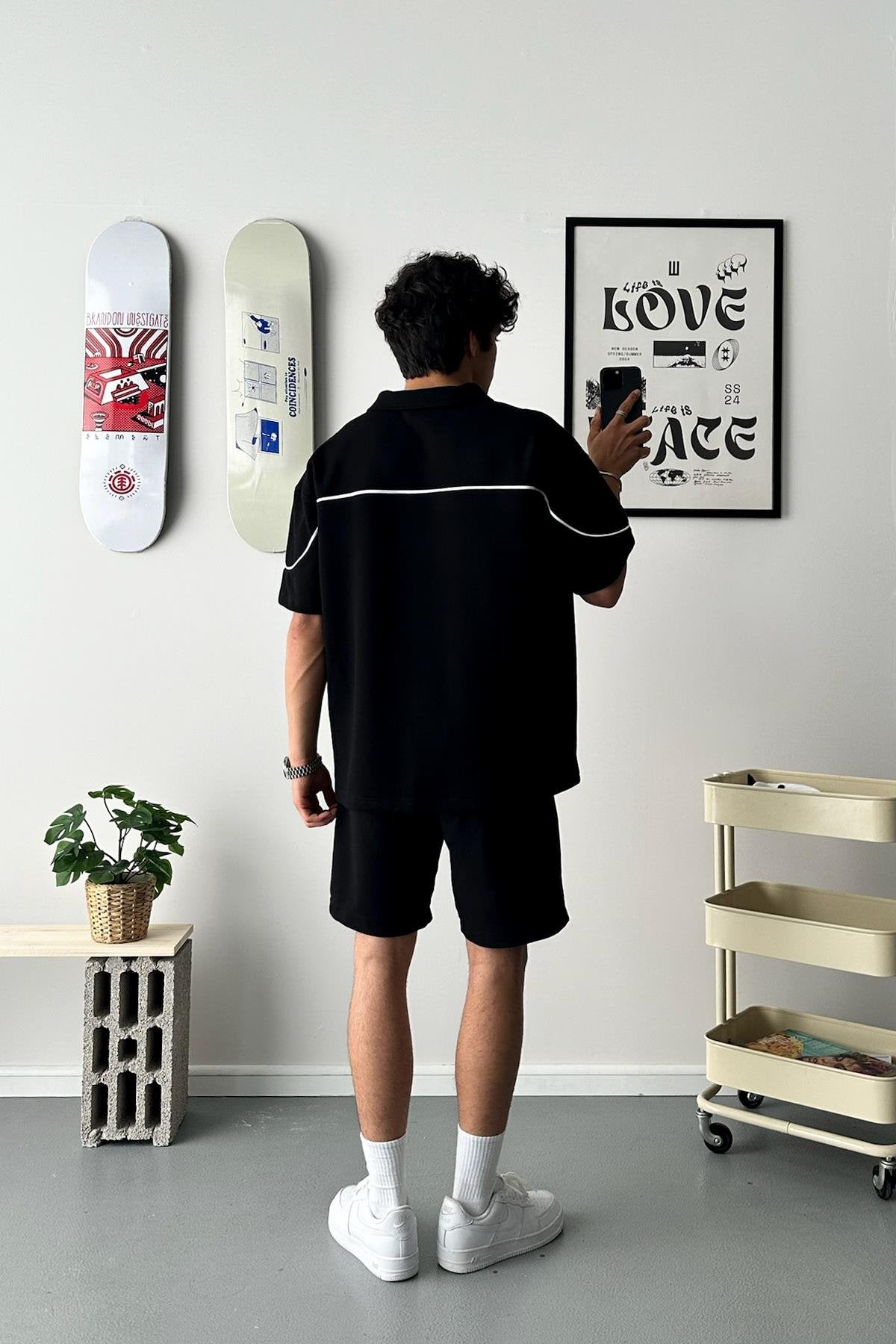 Biye Geçiş Polo Yaka Black Oversize T-Shirt