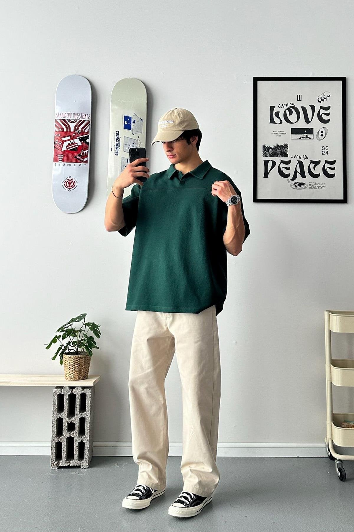 Biye Geçiş Polo Yaka Green Oversize T-Shirt