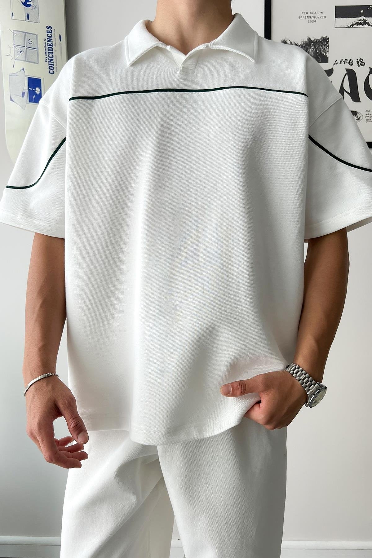 Biye Geçiş Polo Yaka White Oversize T-Shirt