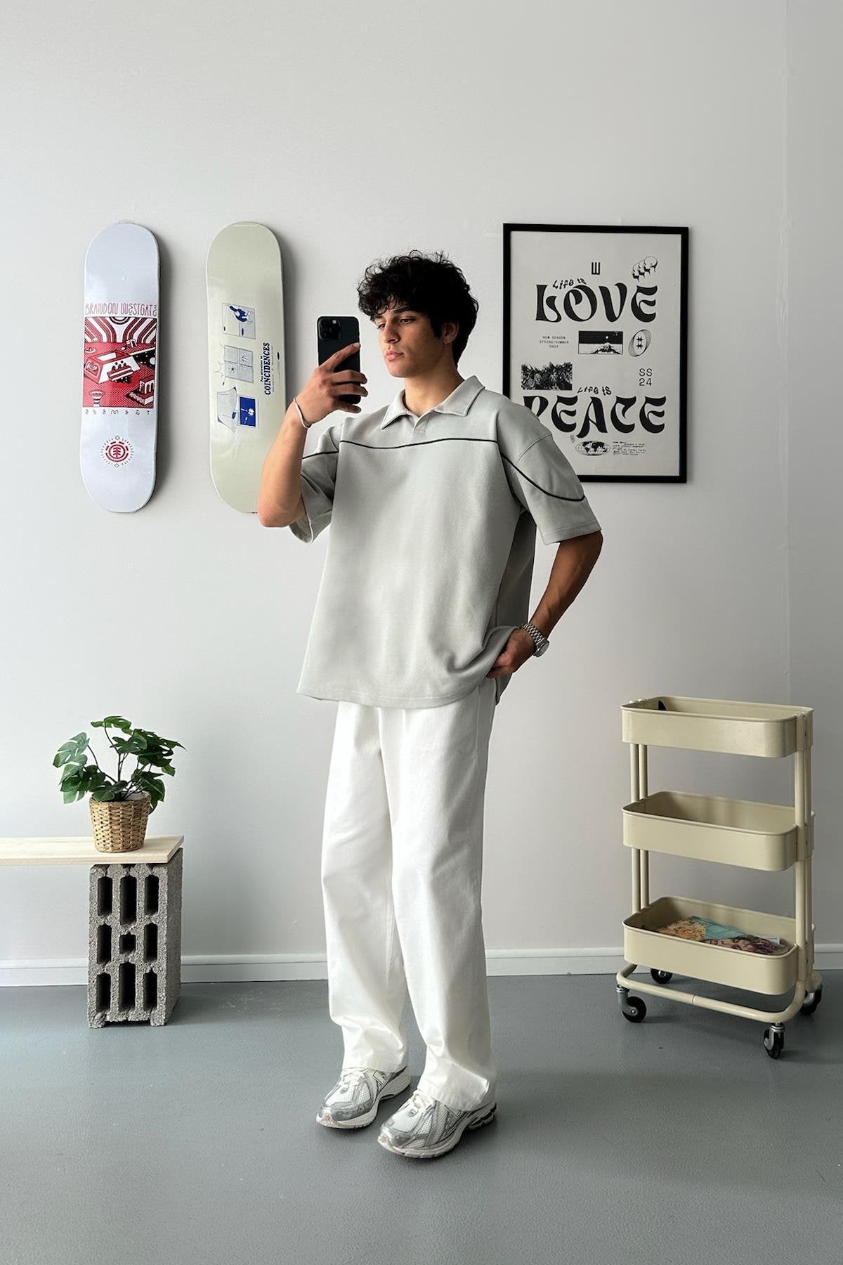 Biye Geçiş Polo Yaka White Oversize T-Shirt